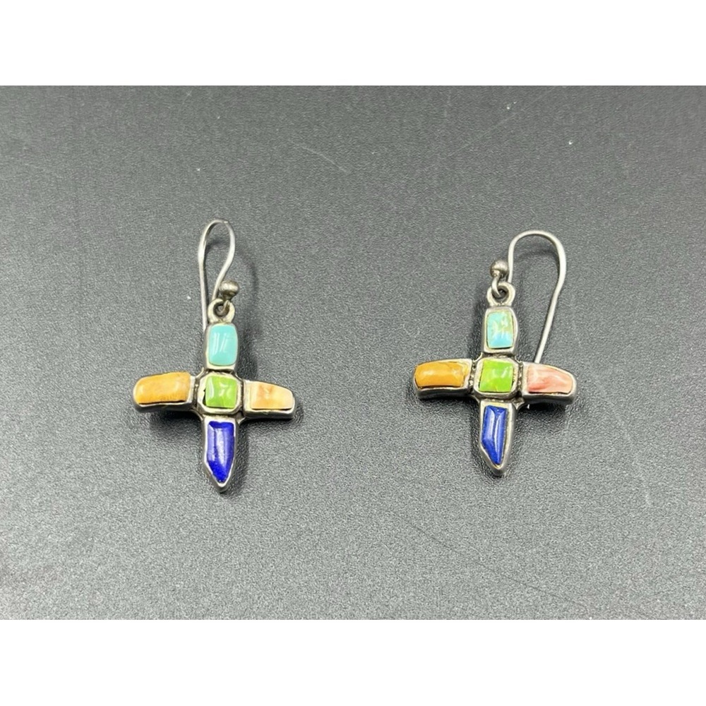 Southwestern Silver 925 Multi-Stone Inlay Cross‎ Earrings 925